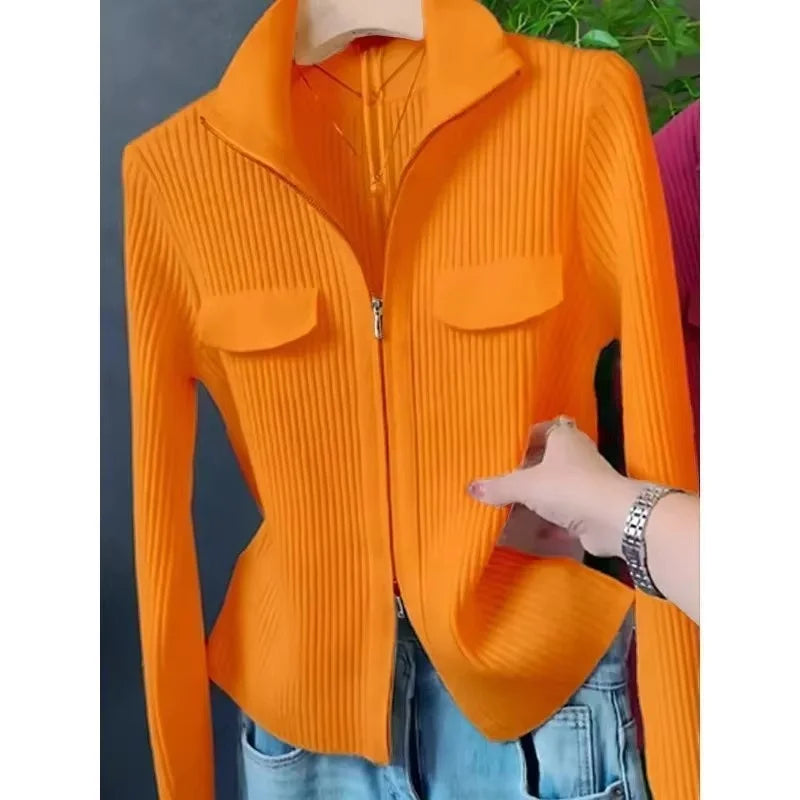 Women Knitted Sweater Cardigan Short Jacket Turn-Down Collar Knit Top