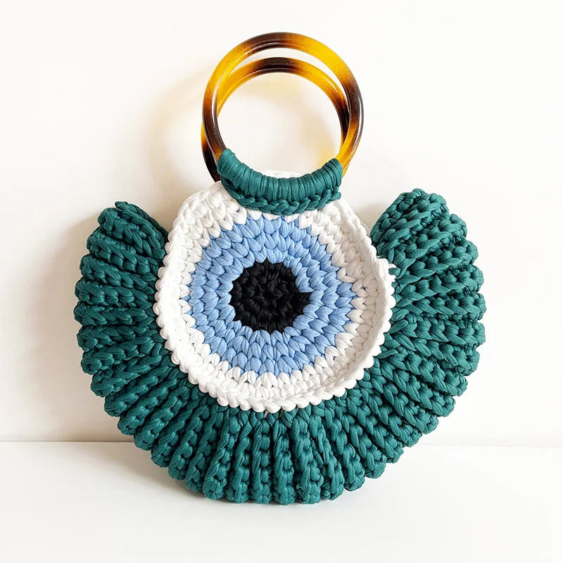 Rope Crochet Handbags Tassel Tote Round Handle Clutch Yarn Beach Bags for Women