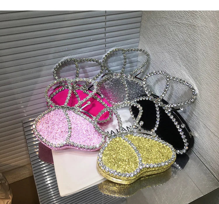 White Rhinestone Pink Butterfly Wedding Evening Clutches Party Prom Purse