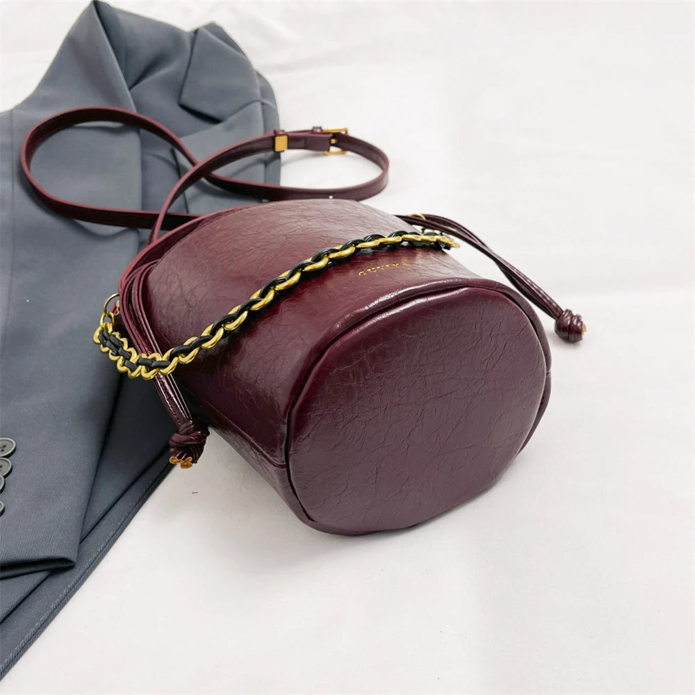 Retro Bucket Crossbody Bags For Women Oil-waxed Leather 2-IN-1 Chain Shoulder Bag