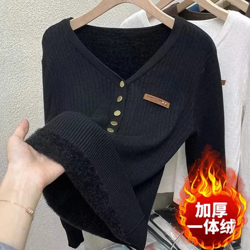 Thick Velvet V-neck Sweater Women Korean Fashion Lined Warm Knitted Pullover