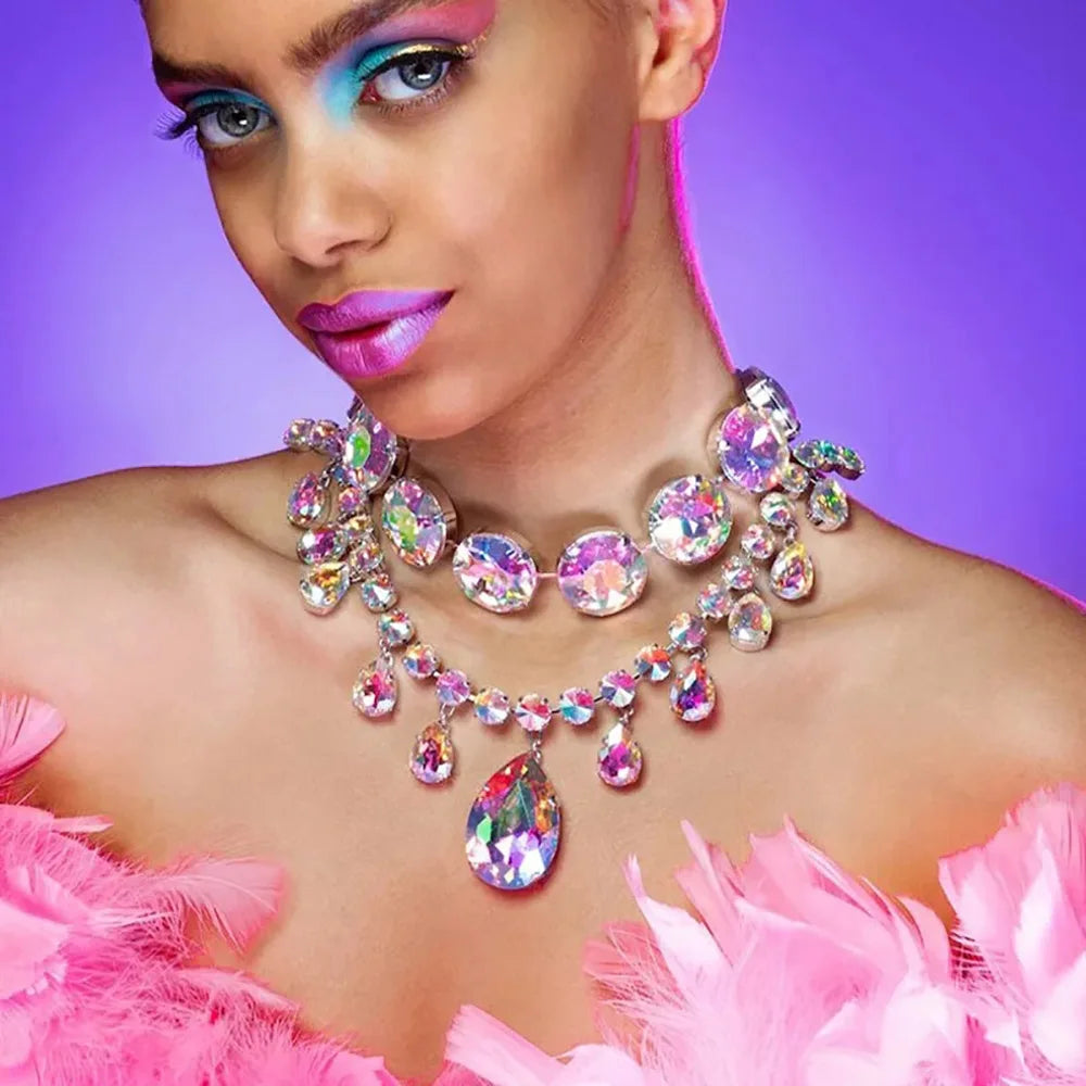 Luxury Glass Crystal Big Water Drop Statement Choker Necklace for Women