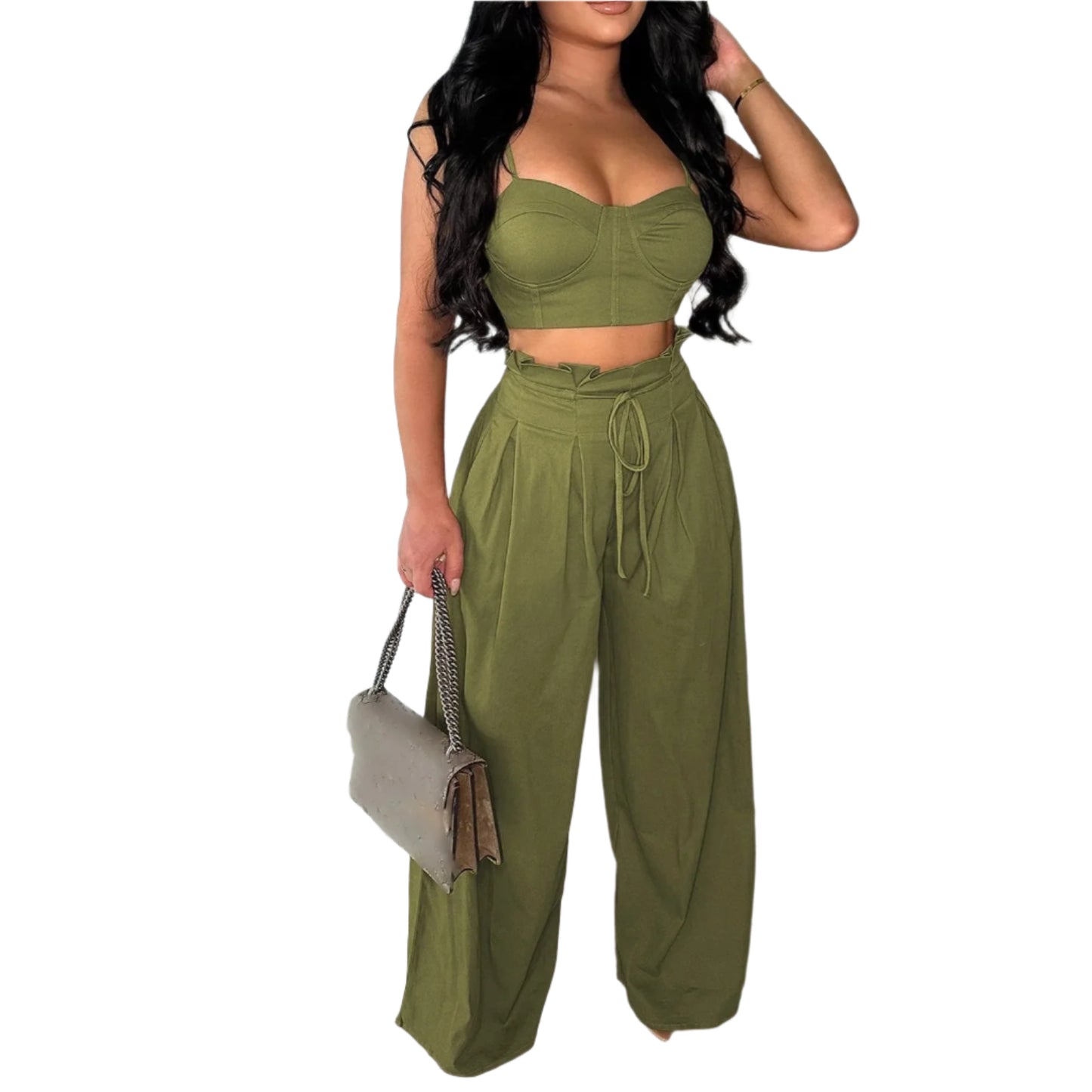 Sexy Zip Crop Camisole and High Waisted Drawstring Wide Leg Trousers 2 Piece Women Pants Suit Streetwear