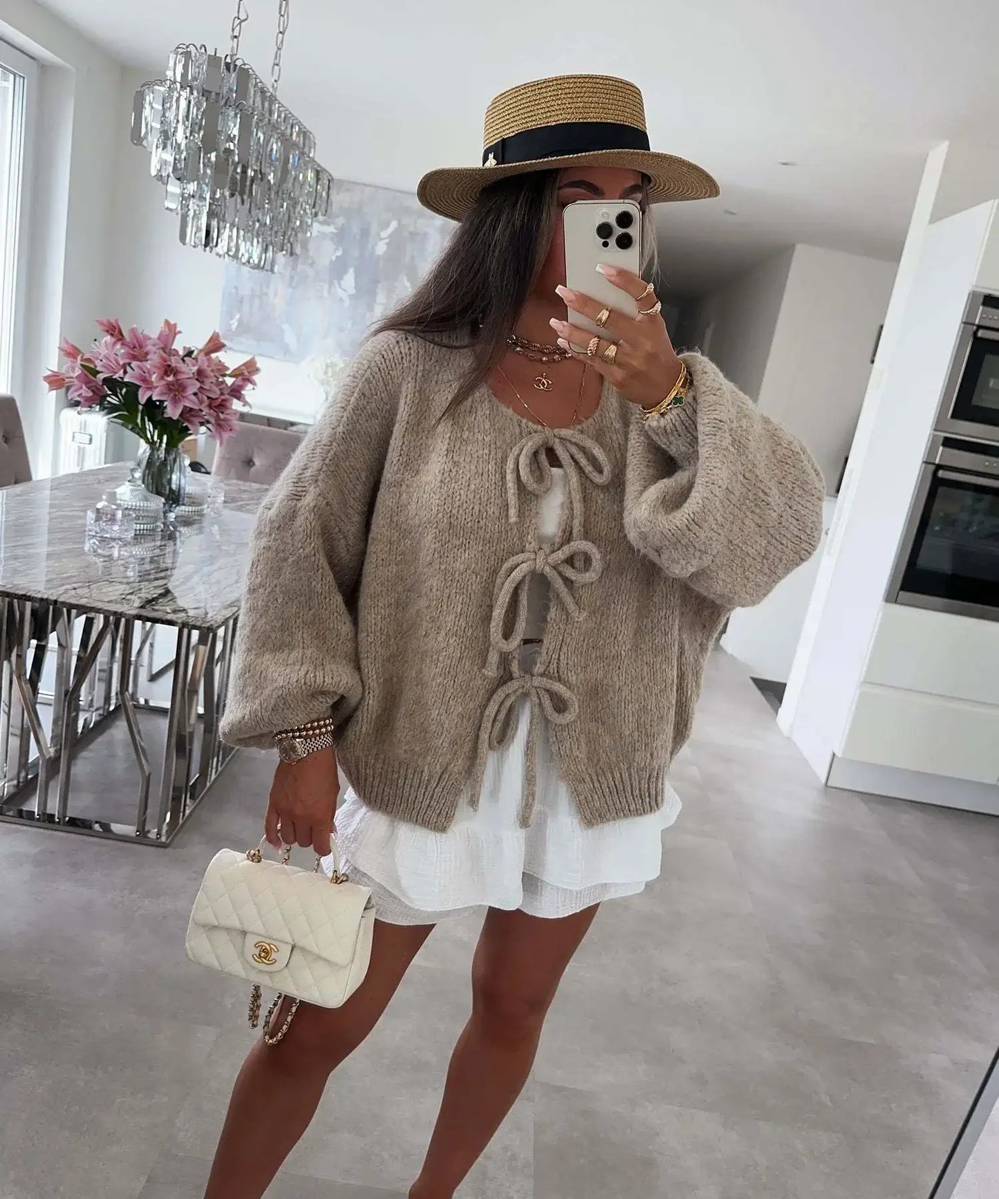Elegant Knitted Cardigan Sweater Women's Lace up Cardigan