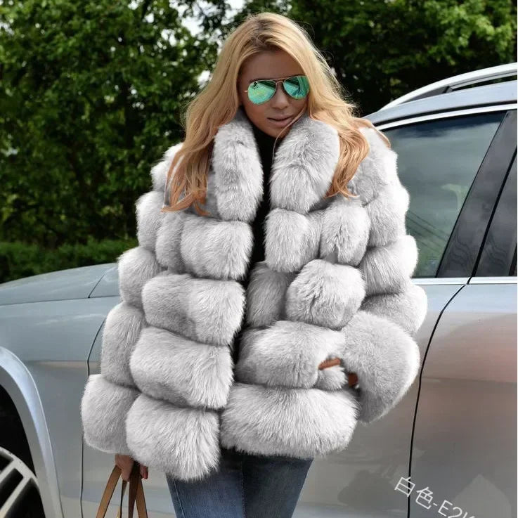 Women Faux Fox Fur Coats Turn Down Collar Thick Warm Elegant Jackets Streetwear
