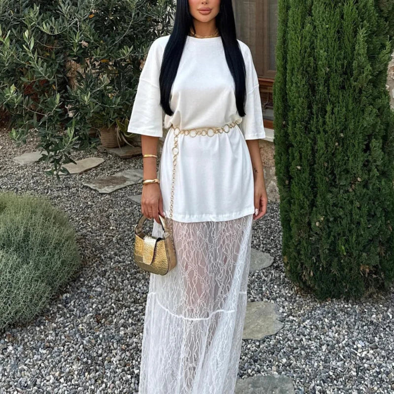 Lace Dress Round Neck Shirt with Stitching Lace Trim Women's Dress