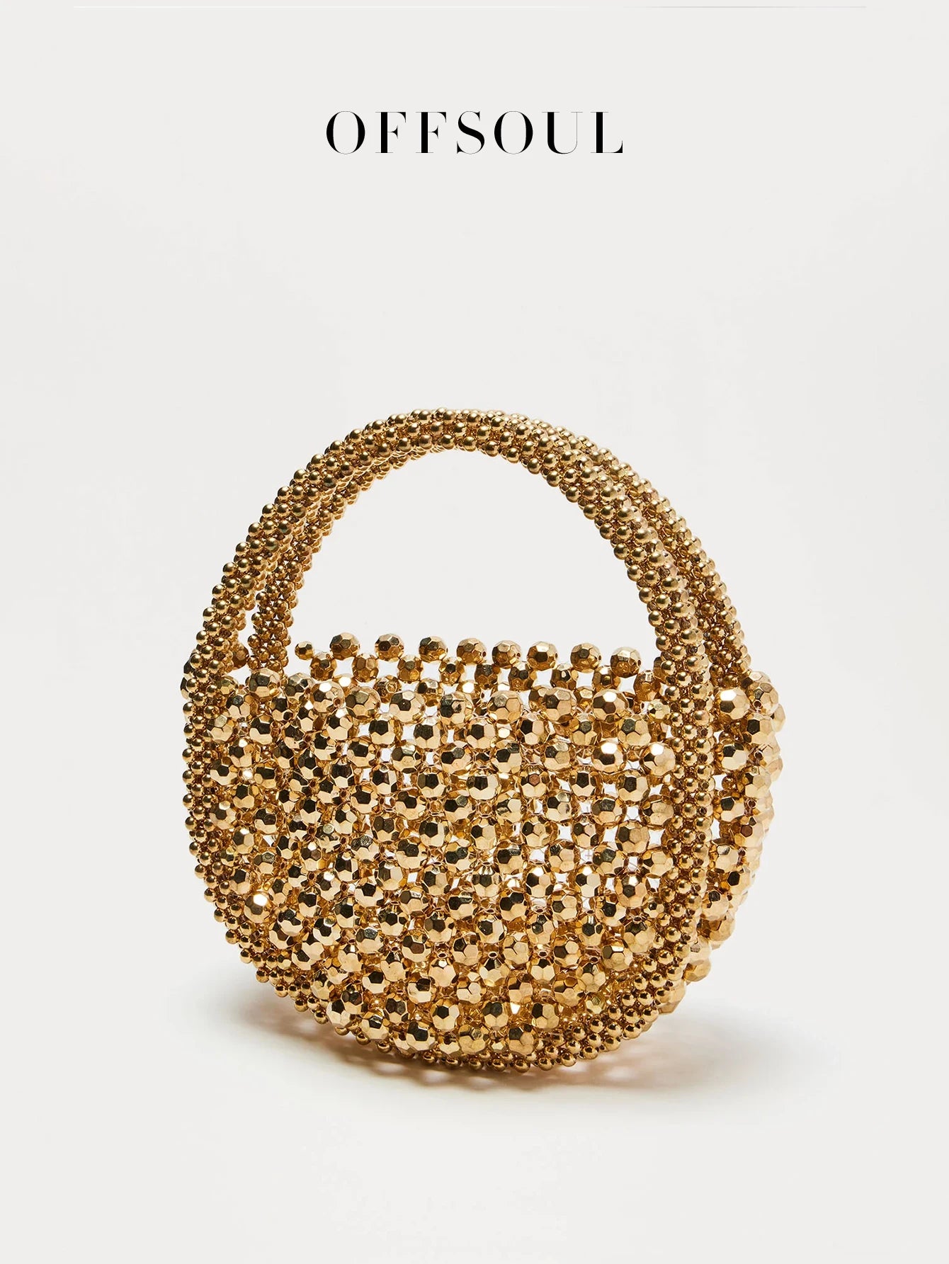Hollow Hand-Made Metal Sense Gold Beads Woven Handbag Half-Round String Beads Pearl Bag