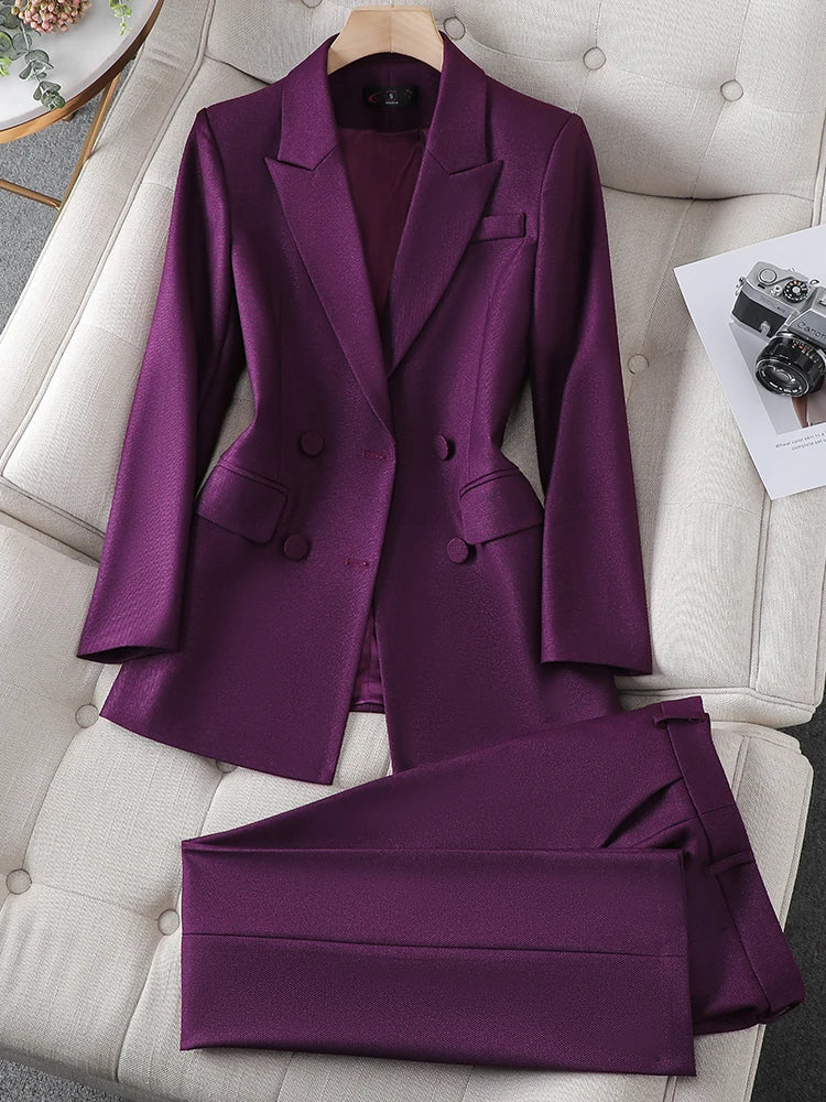 Blue Purple Black Women Blazer and Pant Suit Office Ladies Business Work Wear