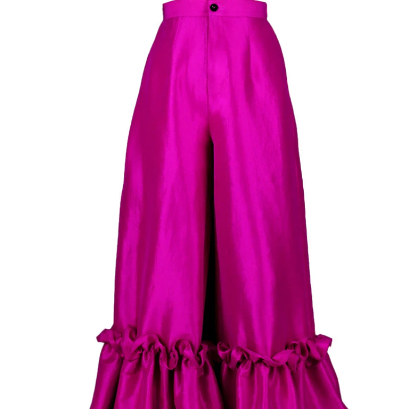 Women Pants High Waist Flare Pants Slim Fit Sexy Solid Ruffles Loose Casual Regular Wide Leg Long Trousers