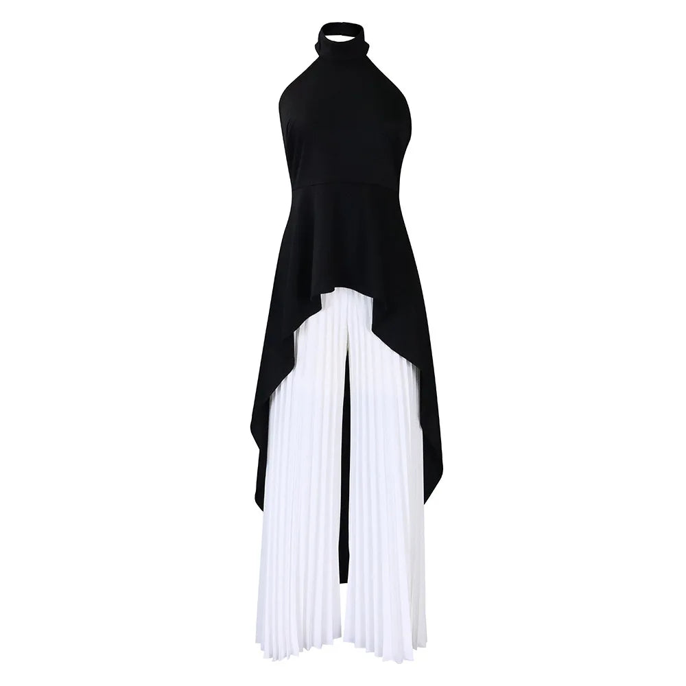 Elegant Two Piece Set Women Outfit Backless Top Hundred Pleated Wide Leg Pants Trousers Suit Summer Office Lady Suit