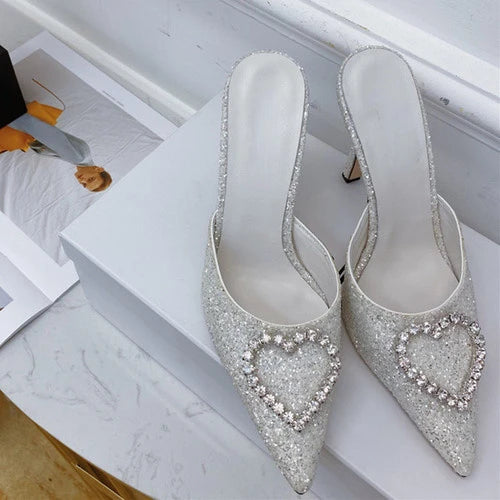 Shallow Mouth High-heeled Women's Shoes Love Rhinestone Shining Thin Heel Pump Slippers