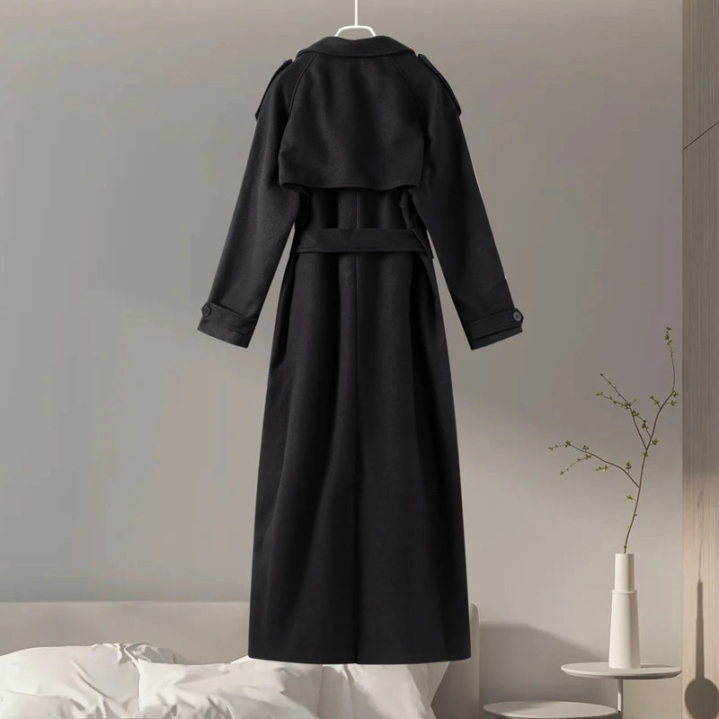 Urban Solid Double Breasted Long Women Coat Loose Full Sleeve Belt Double Breasted Jacket