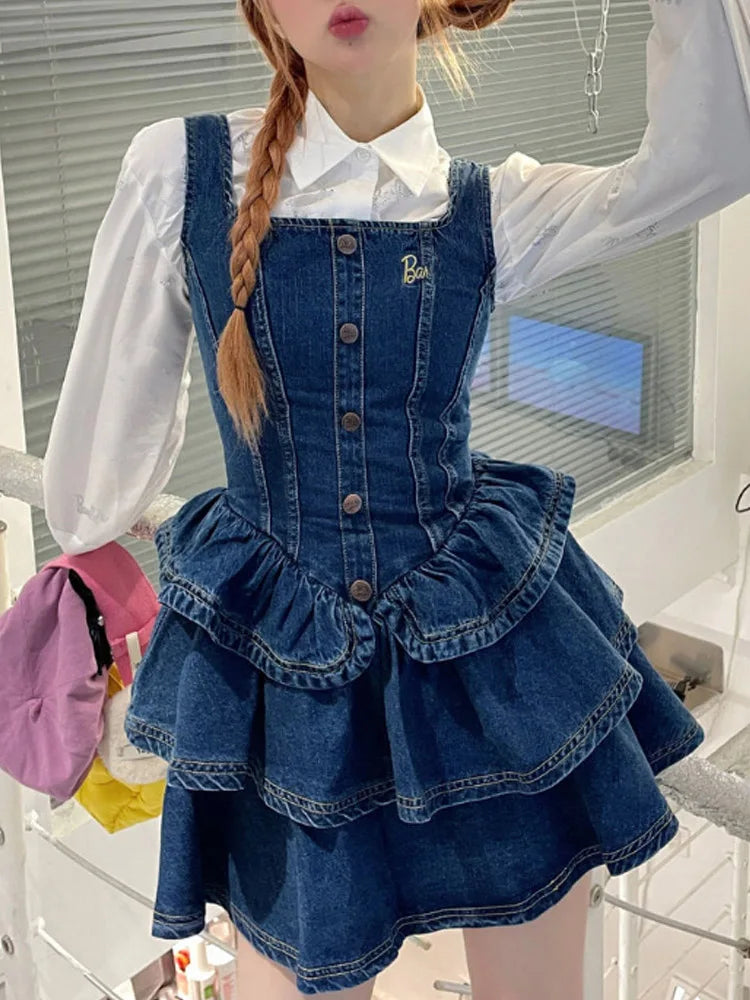 Denim Ruffle Mini Dress Y2k Korean Fashion Women Vintage Denim Dress