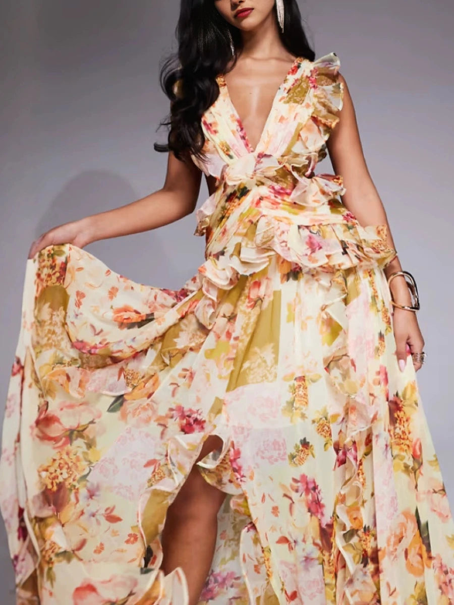 Maxi Dress for Women V Neck Sleeveless High Waist Patchwork Ruffles Edge French Sexy Printed Dress