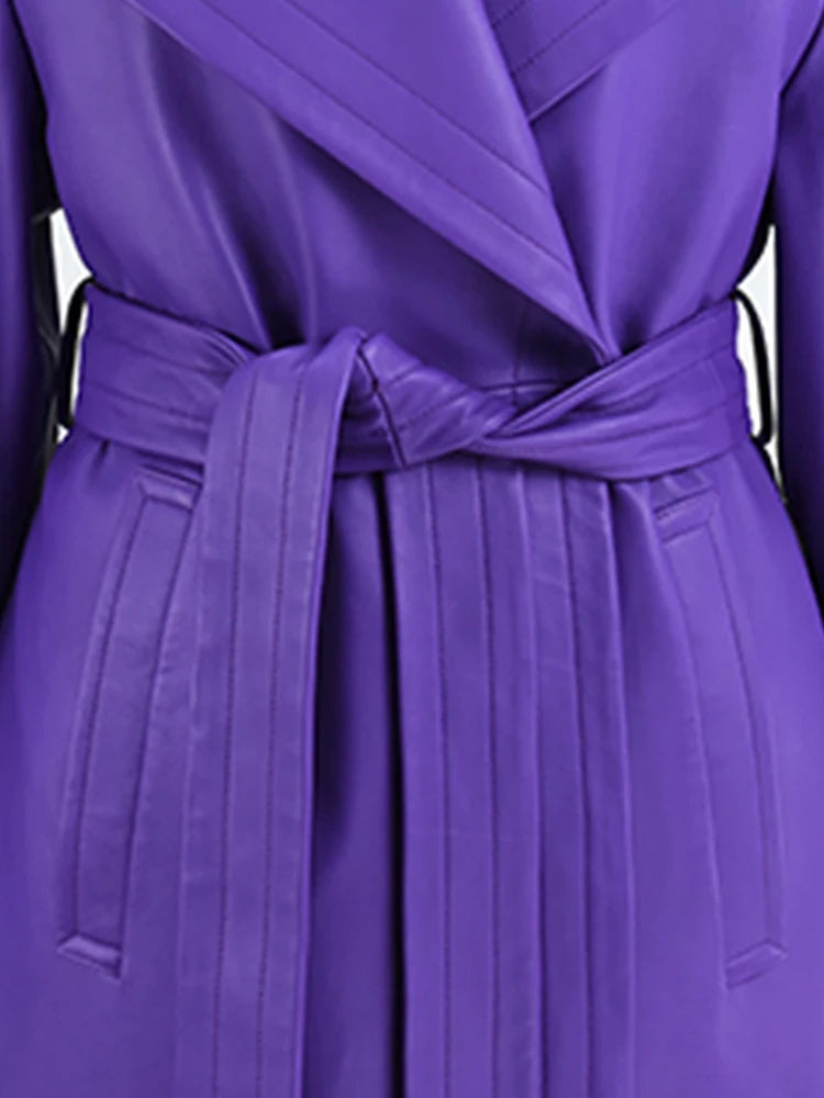 Elegant Purple Colored Faux Leather Trench Coat for Women Sashes Runway Coat
