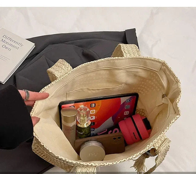 Women's Large Capacity Shoulder Bag Straw Woven Bag Letter Embroidery Handbag