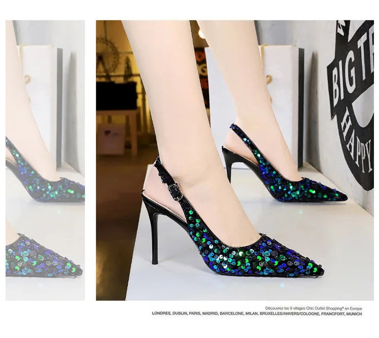 Sequined Cloth Woman Pumps Pointed Toe Thin Heels Hollow Buckle Strap Wedding Party Shoes
