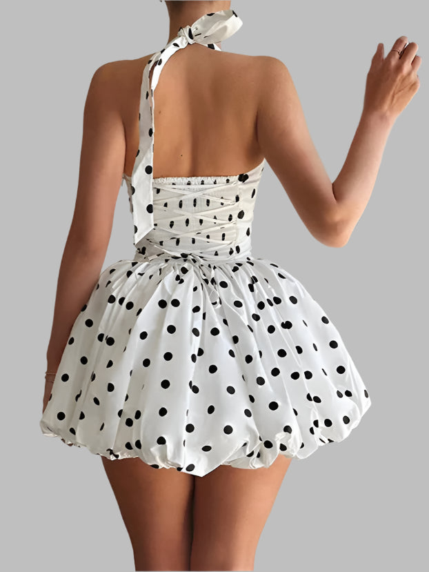 Polka Dot Halter Strapless Dress Women Elegant Sleeveless Backless Waist Cinching Ball Gown