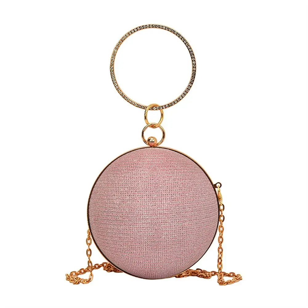 Gold Bright Silk Circular Evening Bag Women Banquet Clutch Rhinestone Chain Shoulder Bags