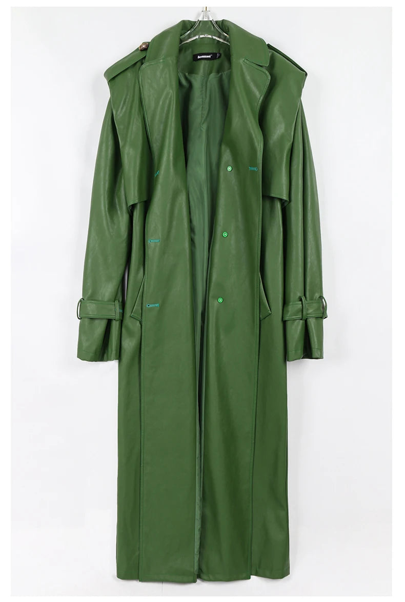 Long Green Pu Leather Trench Coat for Women with Back Slit Sashes Single Breasted