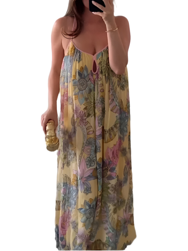 Print Floral Women's Dress Halter V-neck Sleeveless Hollow out Straight Vacation Dress