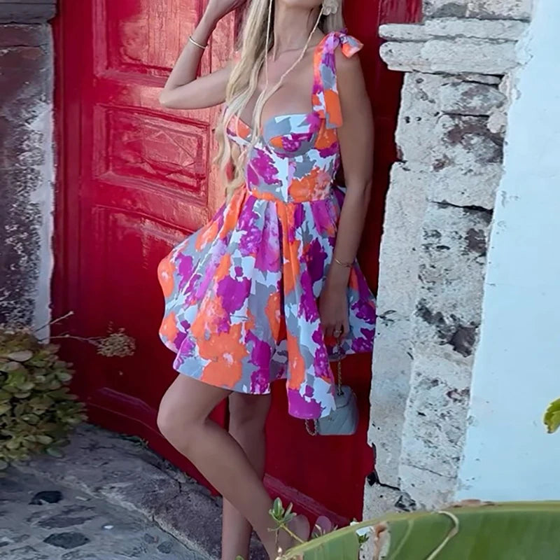 Printed Seaside Holiday Short Dress Women High Waisted Pleated Mini Dress