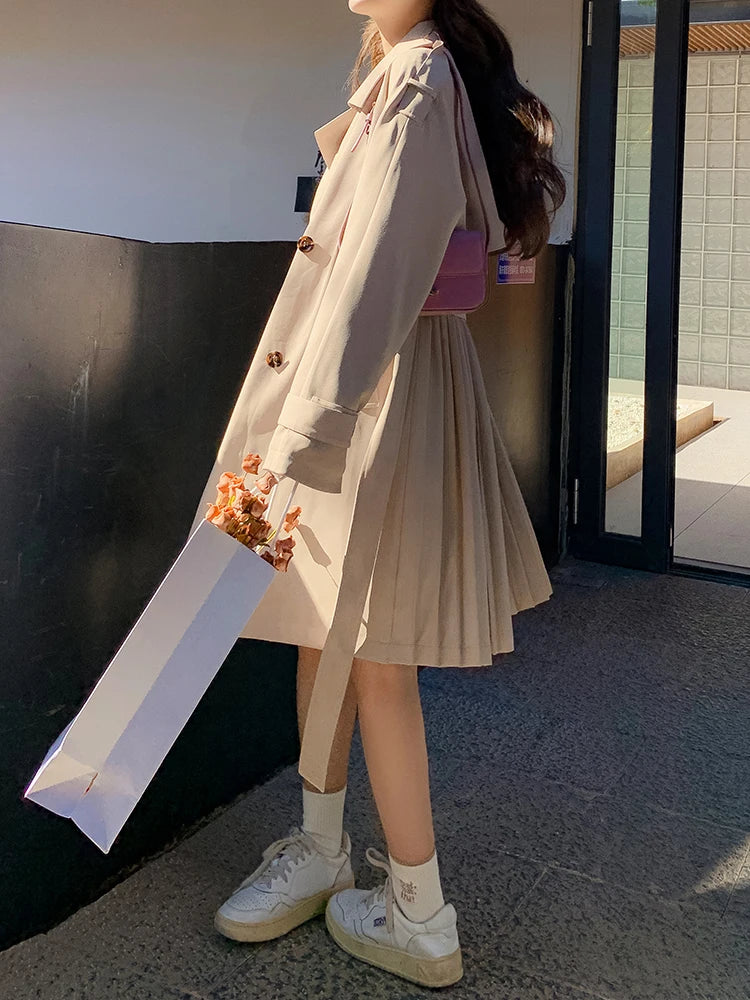 Women Khaki Pleated Elegant Trench New Lapel Long Sleeve Windbreaker Trench Coat