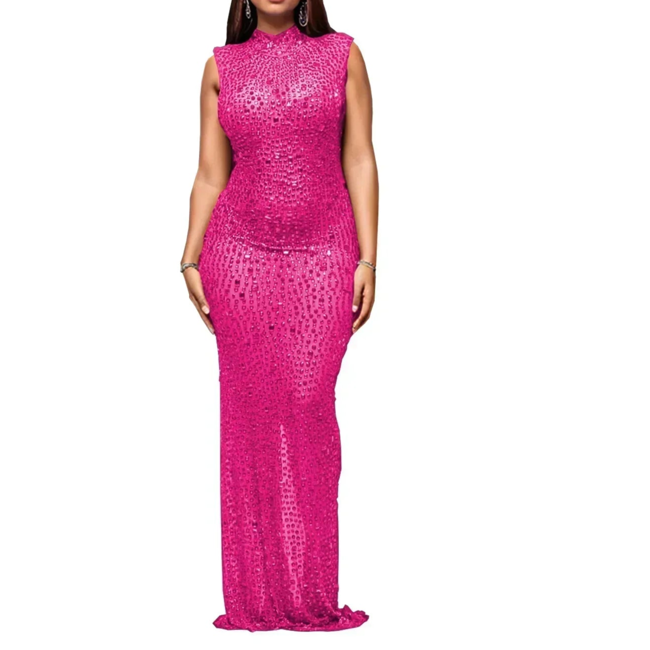 Cocktail Dress Diamonds Hot Rhinestones O-neck Women Sleeveless Bodycon Maxi Dress