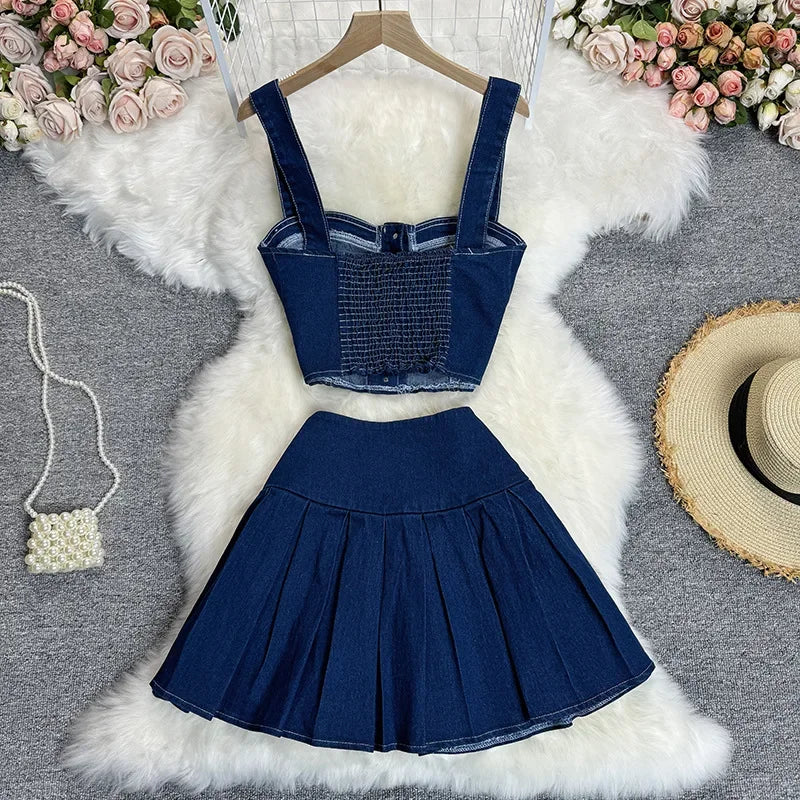 Denim Skirt Stets Two Pieces Sleeveless Tanks Top and Pleated Mini Skirt