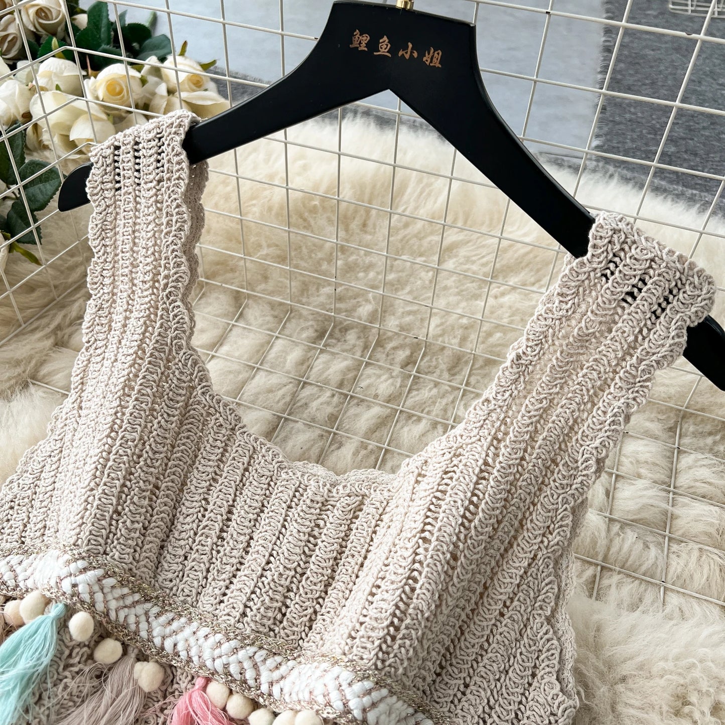 Bohemian Vintage Knit Two Piece Tank Tassels Crop Tops+Loose Hooked Hollow Out Skirt Beach Outfit