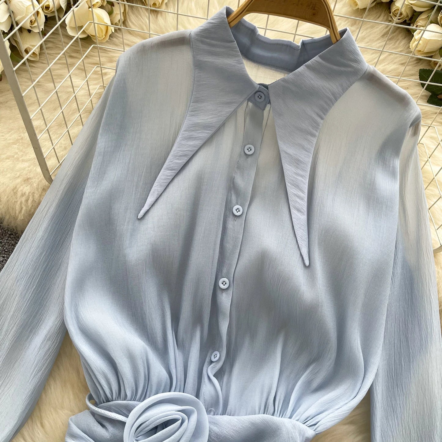 3D Floral Vintage Shirt Women Lapel Neck Long Sleeves Sheer Bohemian Organza Blouse