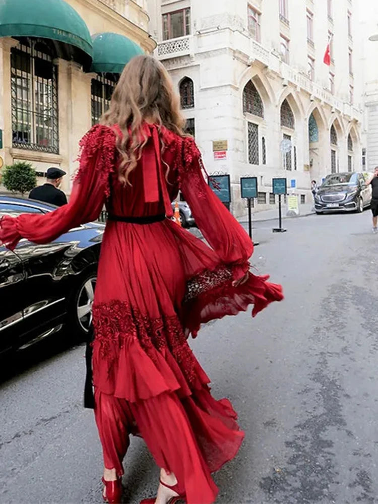 Sexy Long Sleeves Lace Patchwork Maxi Dress Women Red O Neck Folds A-line Cocktail Gown