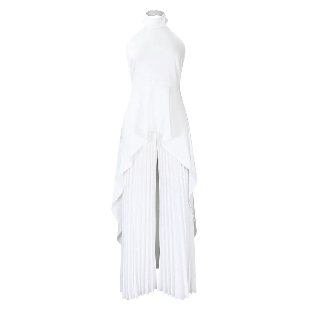 Elegant Two Piece Set Women Outfit Backless Top Hundred Pleated Wide Leg Pants Trousers Suit Summer Office Lady Suit