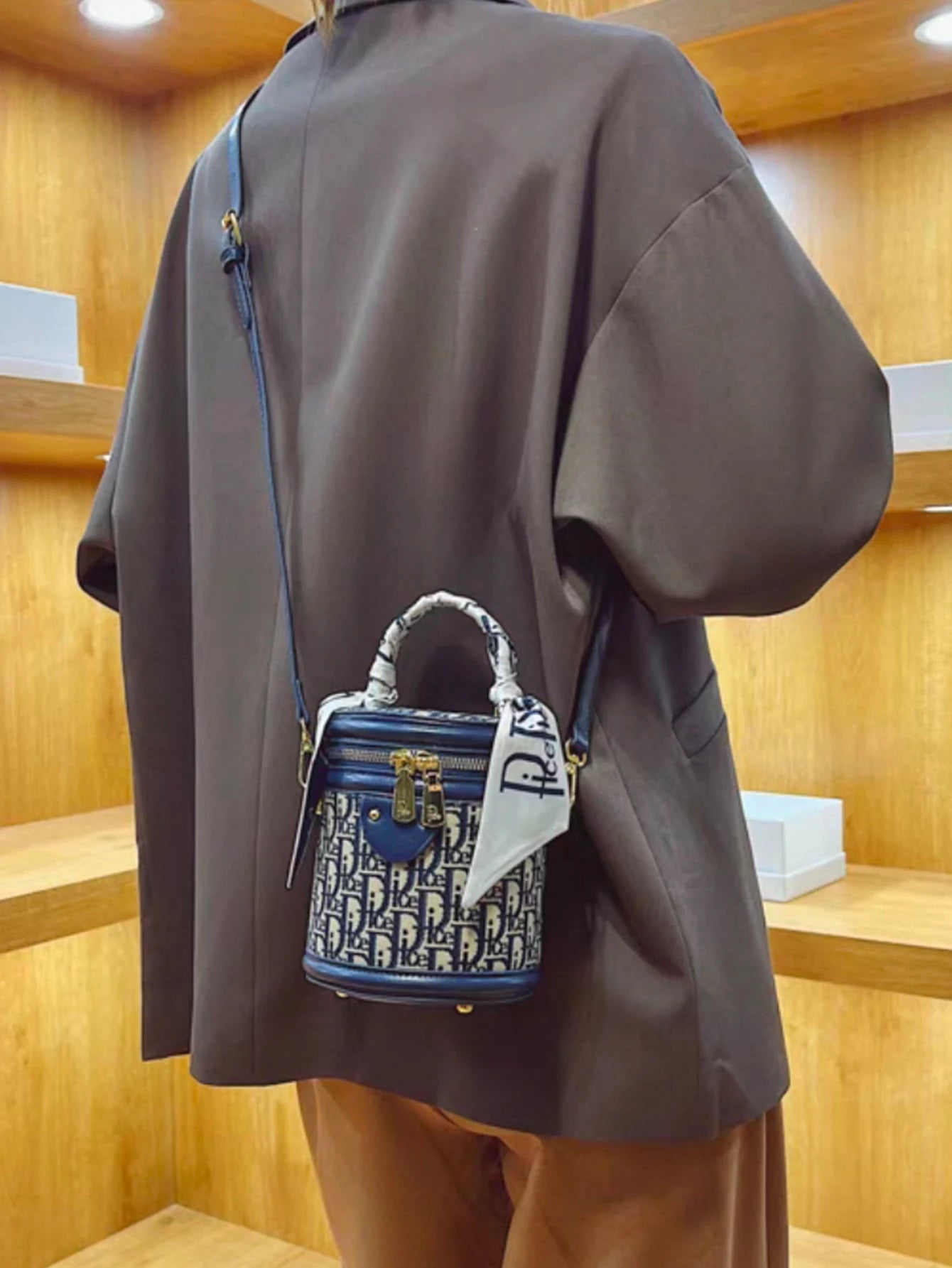 Lightweight Fabric Shoulder Bag, Blue/Black Letter Design, Detachable Strap & Scarf Bag