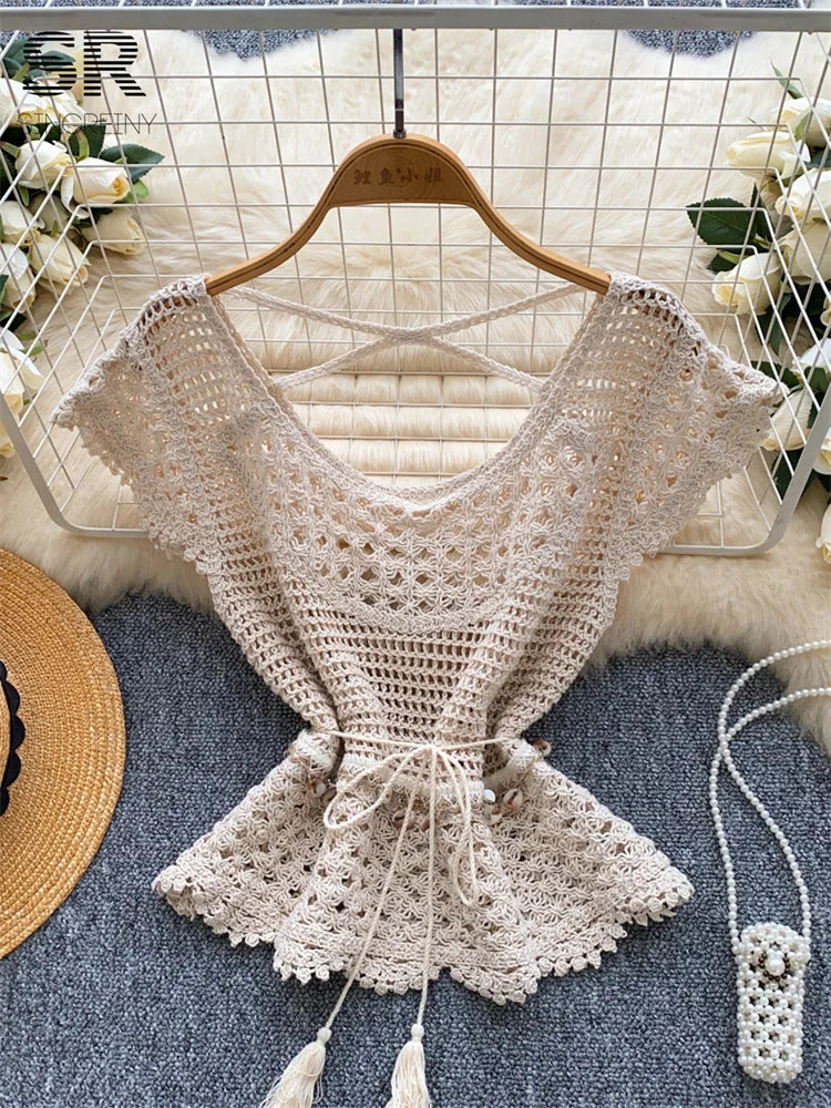 Bohemian Tassel Knit Tops Women Lace Up V Neck Elastic Summer Blouse Vacation Blouse