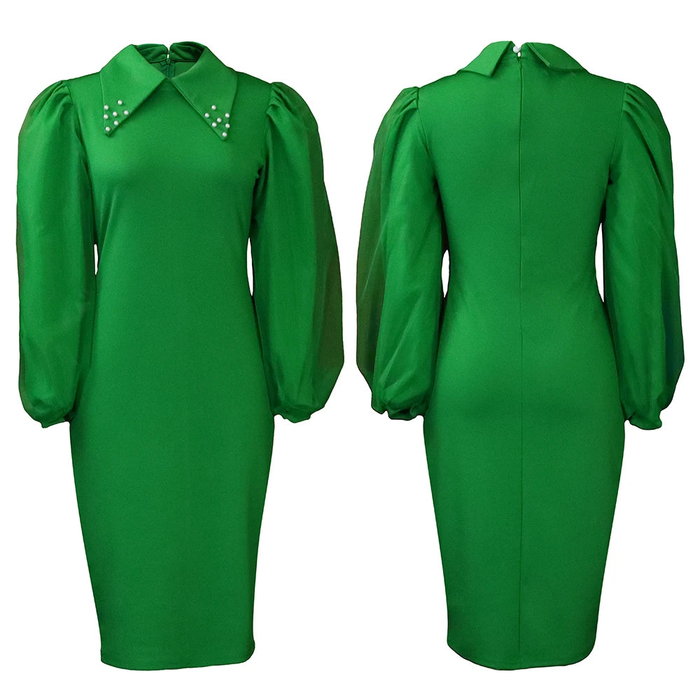Elegant Office Dress fro Women Professional Full Sleeve Turn Down Collar Beaded Sheath Package Hips Mid Calf Formal Work Dress