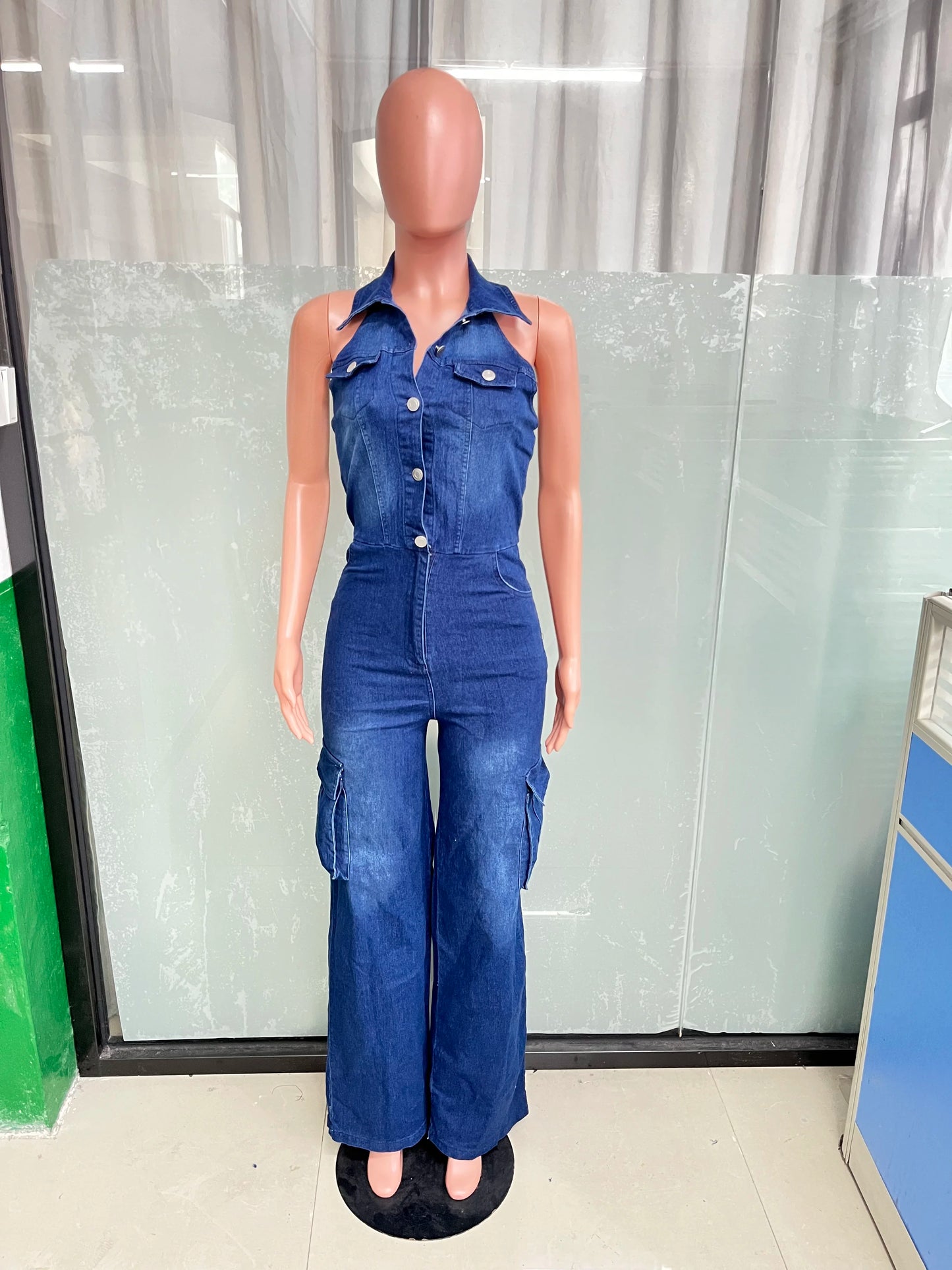 Denim Cargo Romper Sexy Women Halter Elegant Denim Casual Jumpsuit Overalls