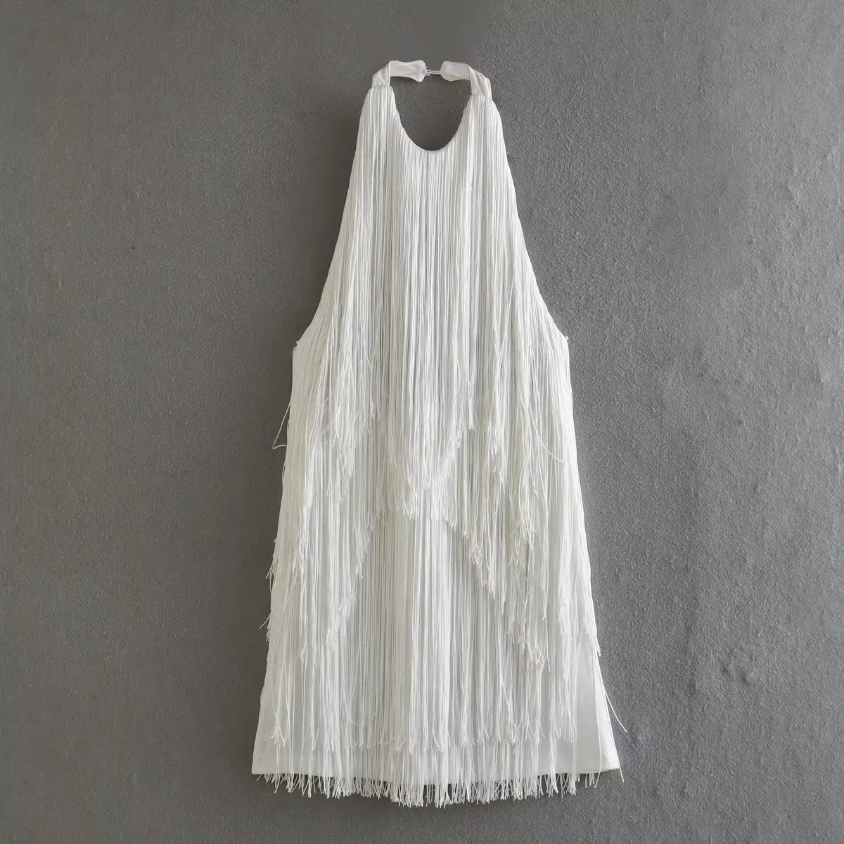 Women's Solid Color Hanging Neck Sling Backless Tassel Mini Dress
