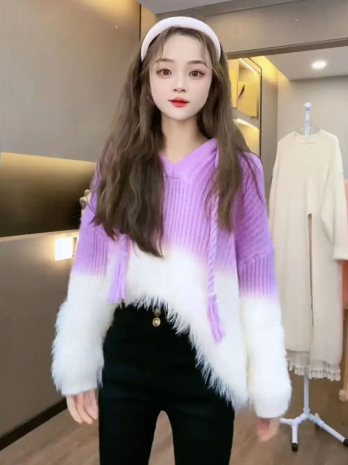 Tassel Pullover Long-Sleeved Sweater Hooded Loose Knitwear