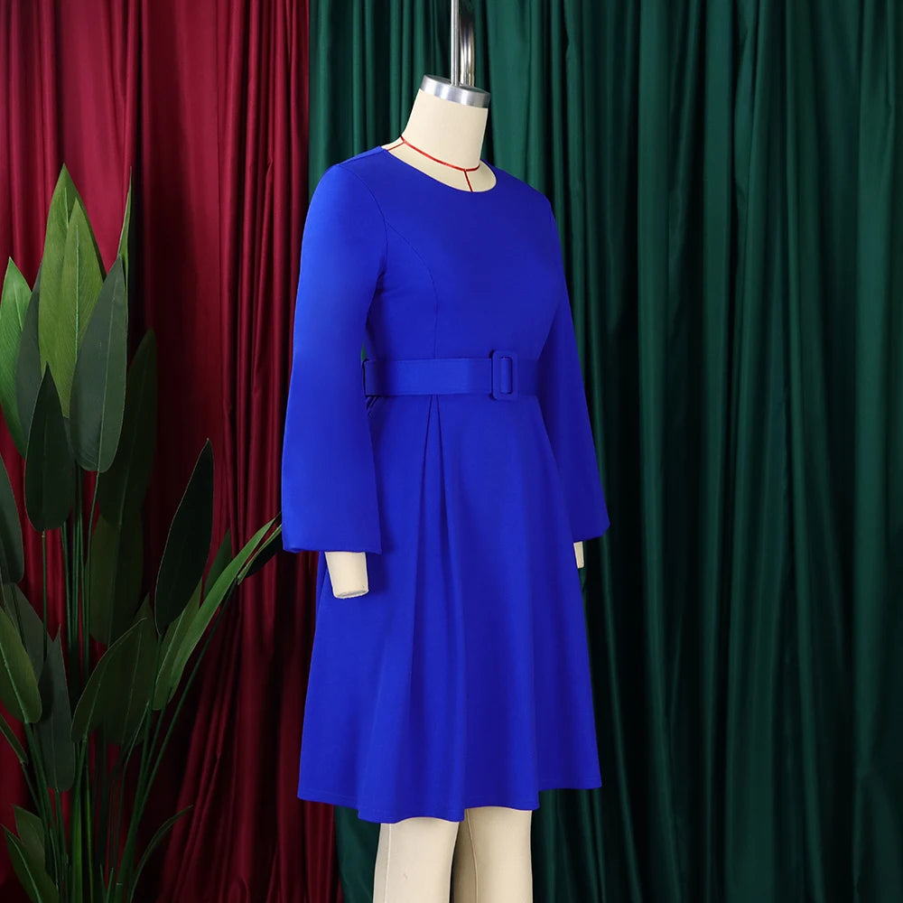 Elegant Office Dresses Women O Neck Full Sleeve Belt Waisted Pleated A Line Mid Calf Formal Female Business Work Wear Dress Midi