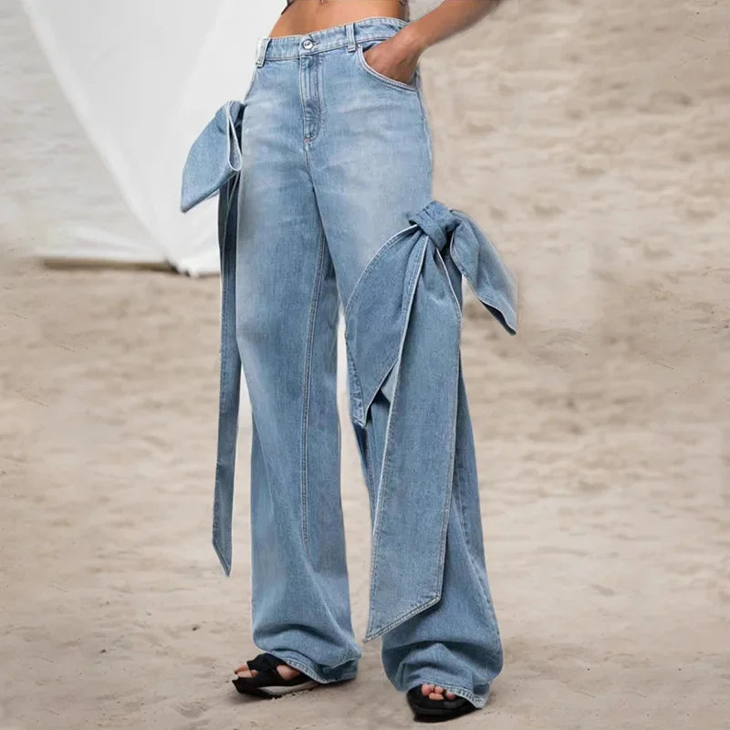 Jeans Women Bow Denim Wide Leg Floor Length Pant Y2k Mom Jeans