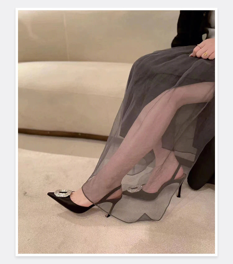 Oval Rhinestone Buckle Toe Sandals Pointed Thin Heel Hollow Banquet High Heels