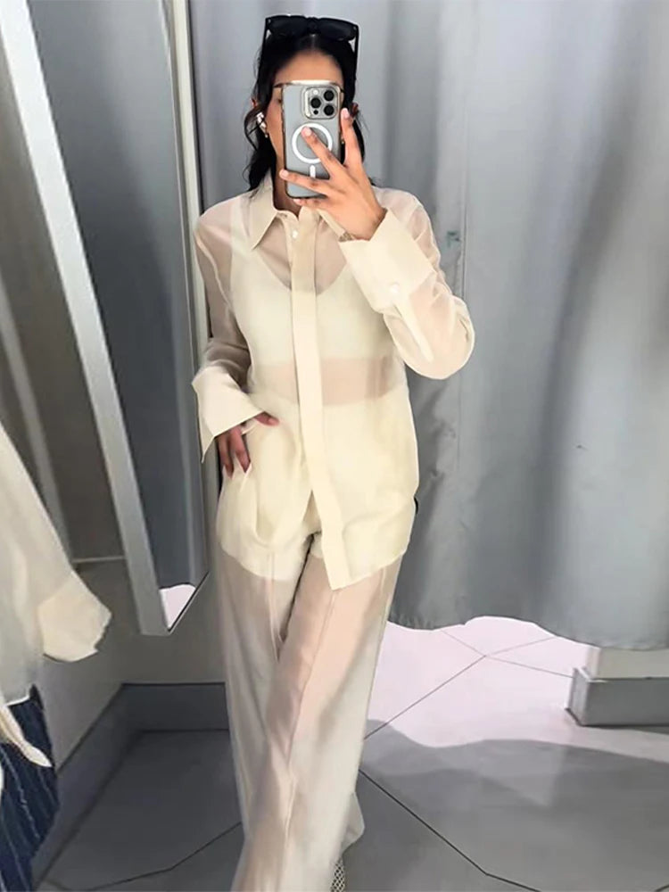 Sexy See Through Silk Set Women Elegant Blazer Coat Loose Shirt Wide-leg Pants