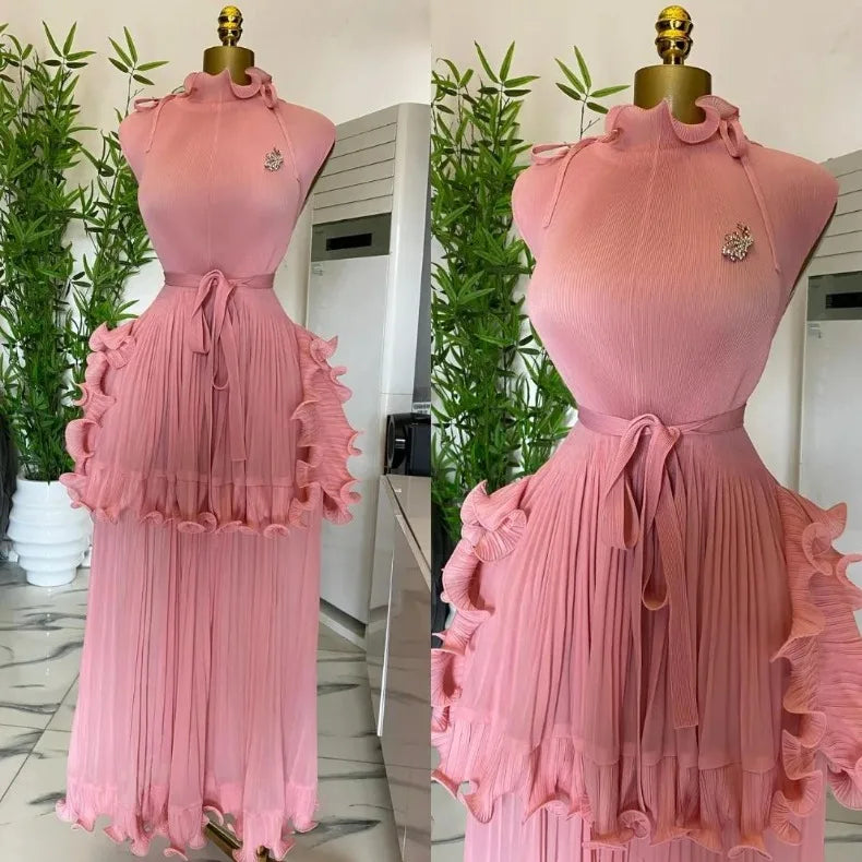 Pleated Dress Women's Solid Sleeveless Ruffles Lace Wedding Guest Dress Cocktail Dress