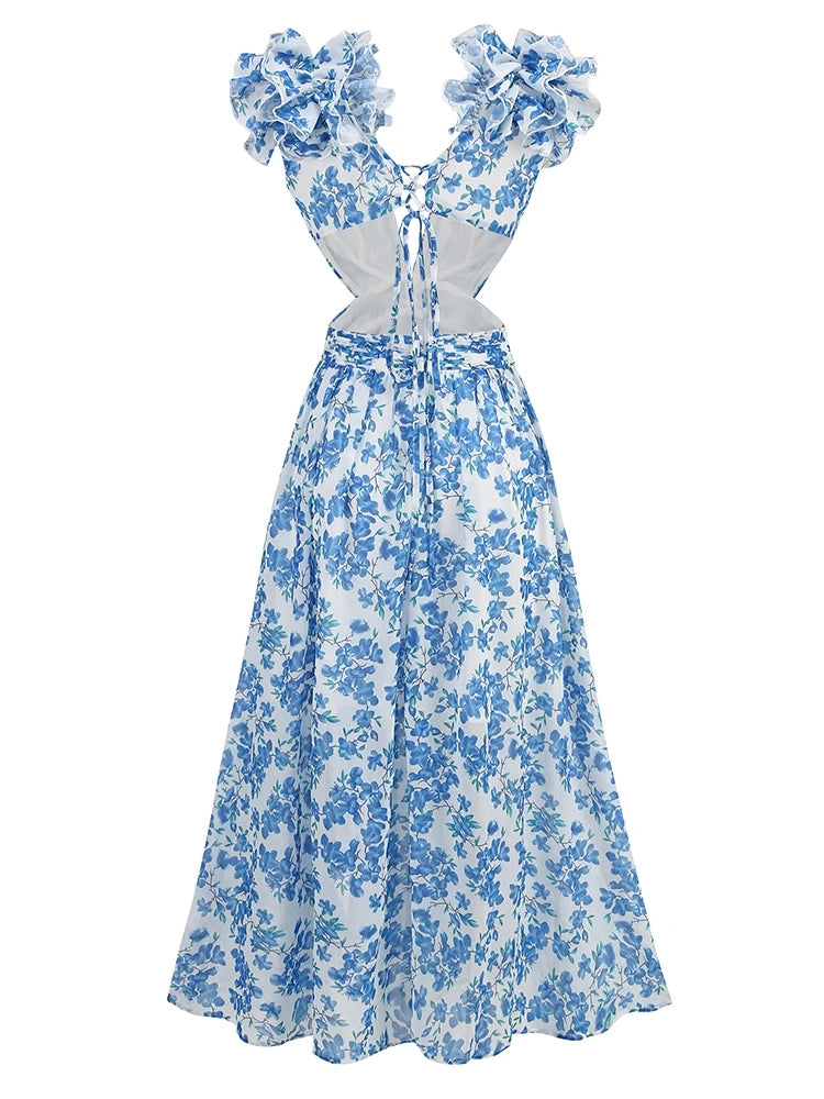 Ruffle Floral Split Vacation Party Beach Dress