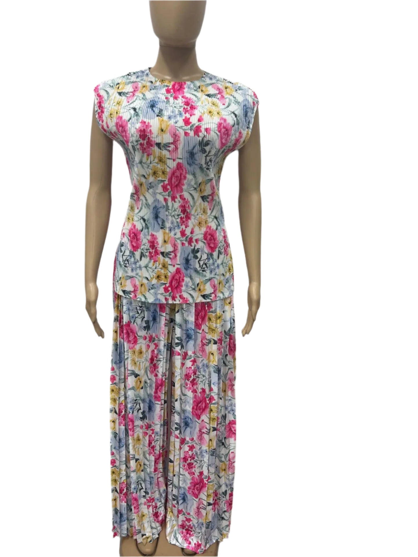 Women Set Floral Print Short Sleeve Pleated T-Shirt + Wide Leg Pants Two 2Piece Sets