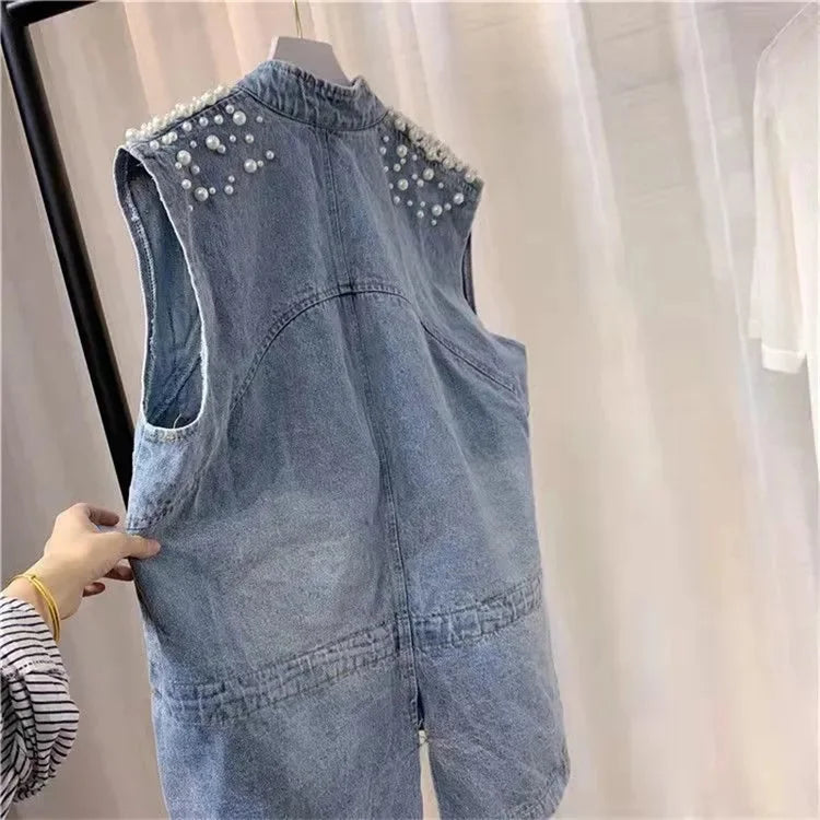 Women Pearl Denim Waistcoat Korean Fashion Cardigan Vintage Loose Vest