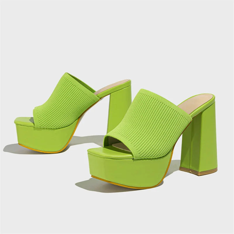 Knitted Platform Slippers Chunky High Heels Women Peep Toe High Heel Slippers