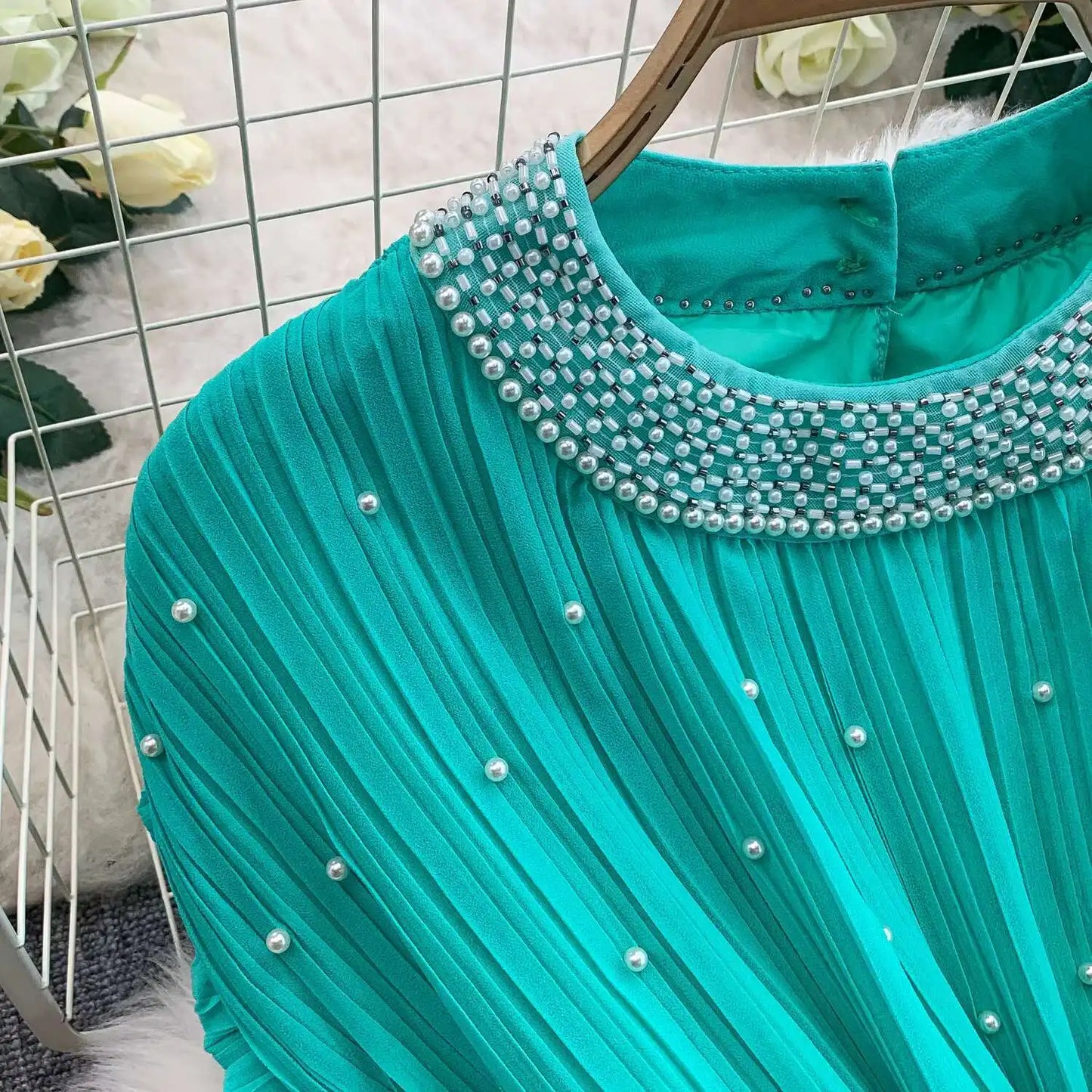 Summer Luxury Pearls Long Chiffon Dress For Women Loose Big Size Short Sleeve Crystal Birthday Evening Midi Pleated Dresses