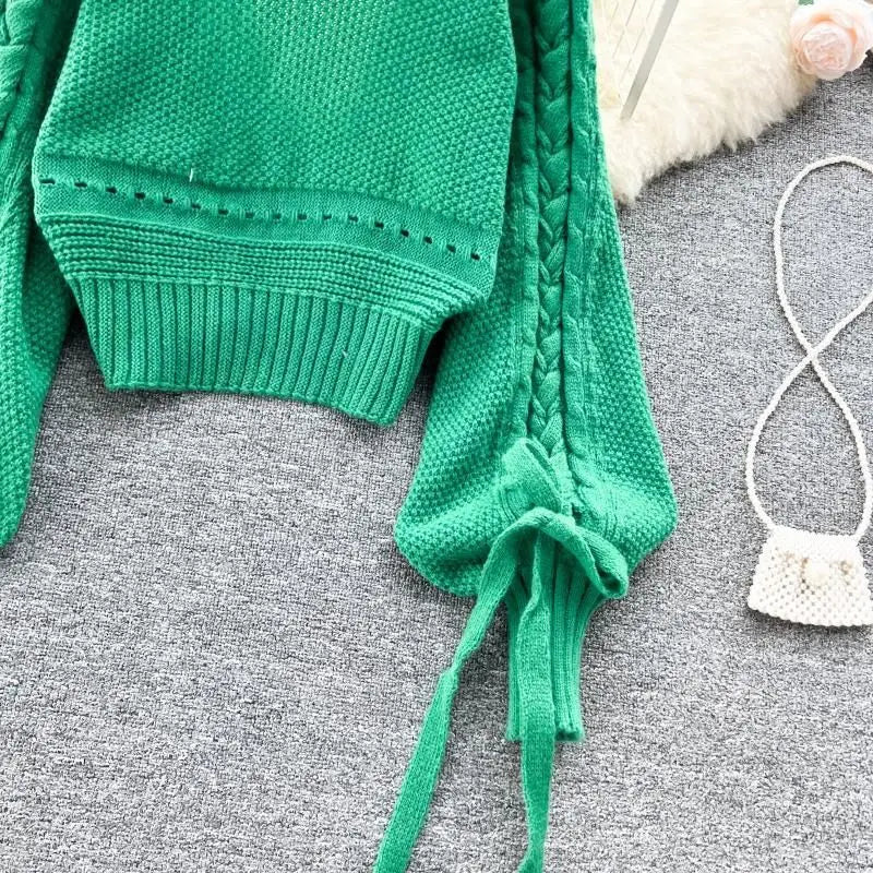 Green Casual Acrylic Knit V-Neck Lantern Long Sleeve Lace Up Women's Cardigan